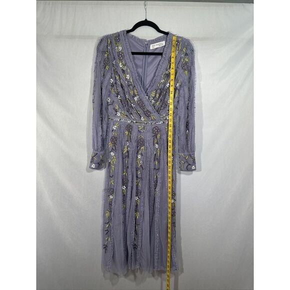 NWT $698 Mac Duggal [ 4 ] Long Sleeve‎ Embroidered Wrap Midi Dress Lilac G1710 - Picture 7 of 16